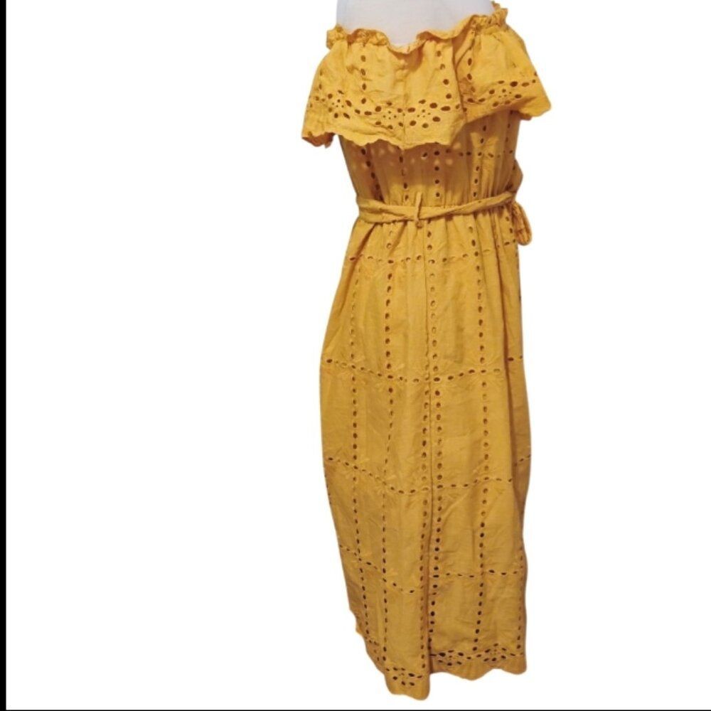 Simplee Dress Mustard Cotton Off Shoulder Ruffle Eyelet Cottage Prairie Peasant - Picture 5 of 14